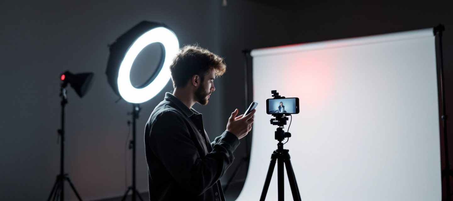 Creator filming a vertical video on a smartphone mounted on a tripod inside a softly lit studio